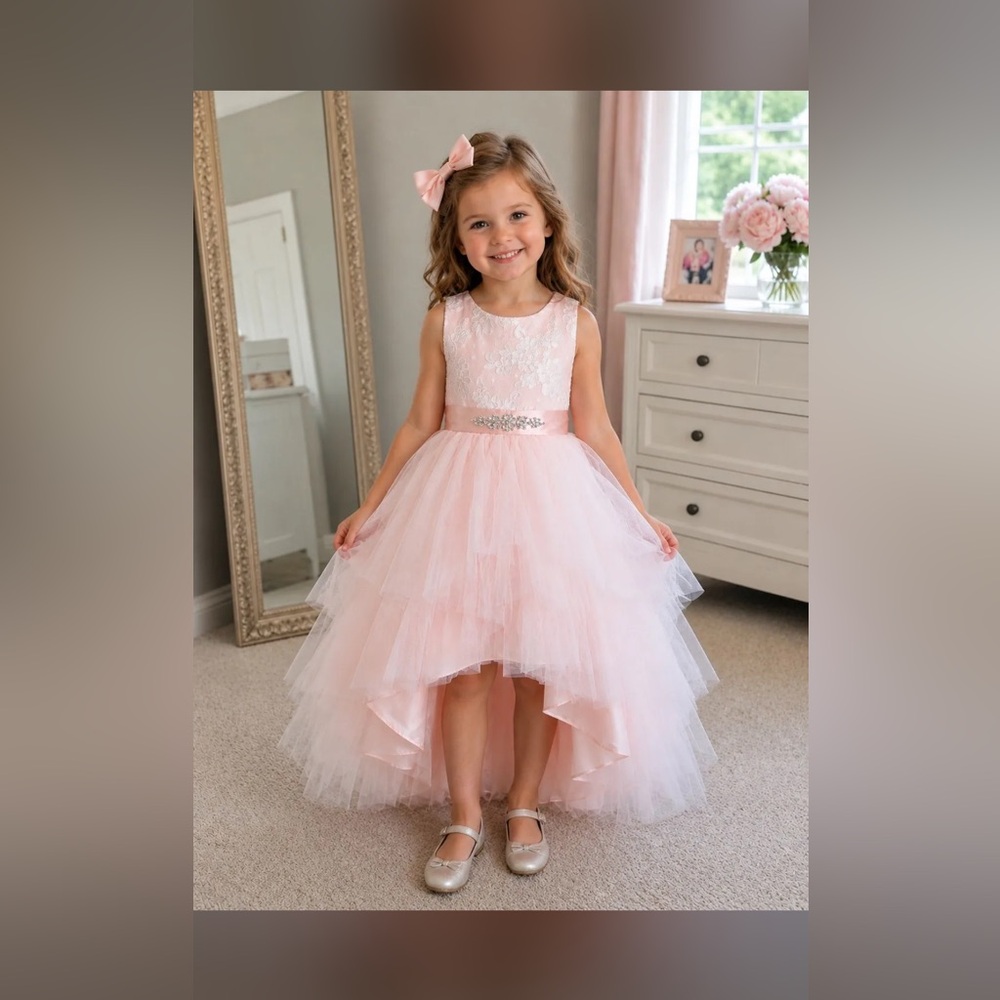 Tip Top Kids Pink Tulle High-Low Lace Party Dress with Sparkle Waist